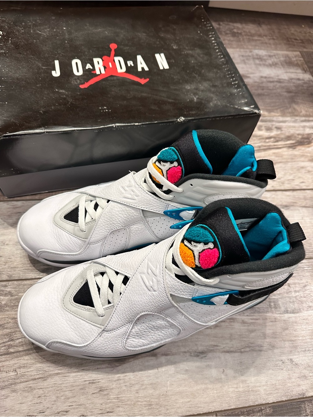Air Jordan 8 Retro “South Beach” White Sneakers with Teal and Pink Accents